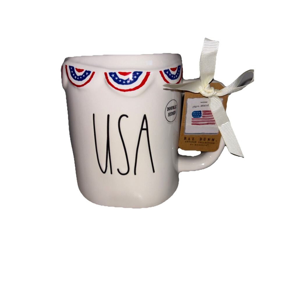 Rae Dunn 4th of July "USA" Coffee Tea Mug Red & Blue Bunting 250th America NEW
